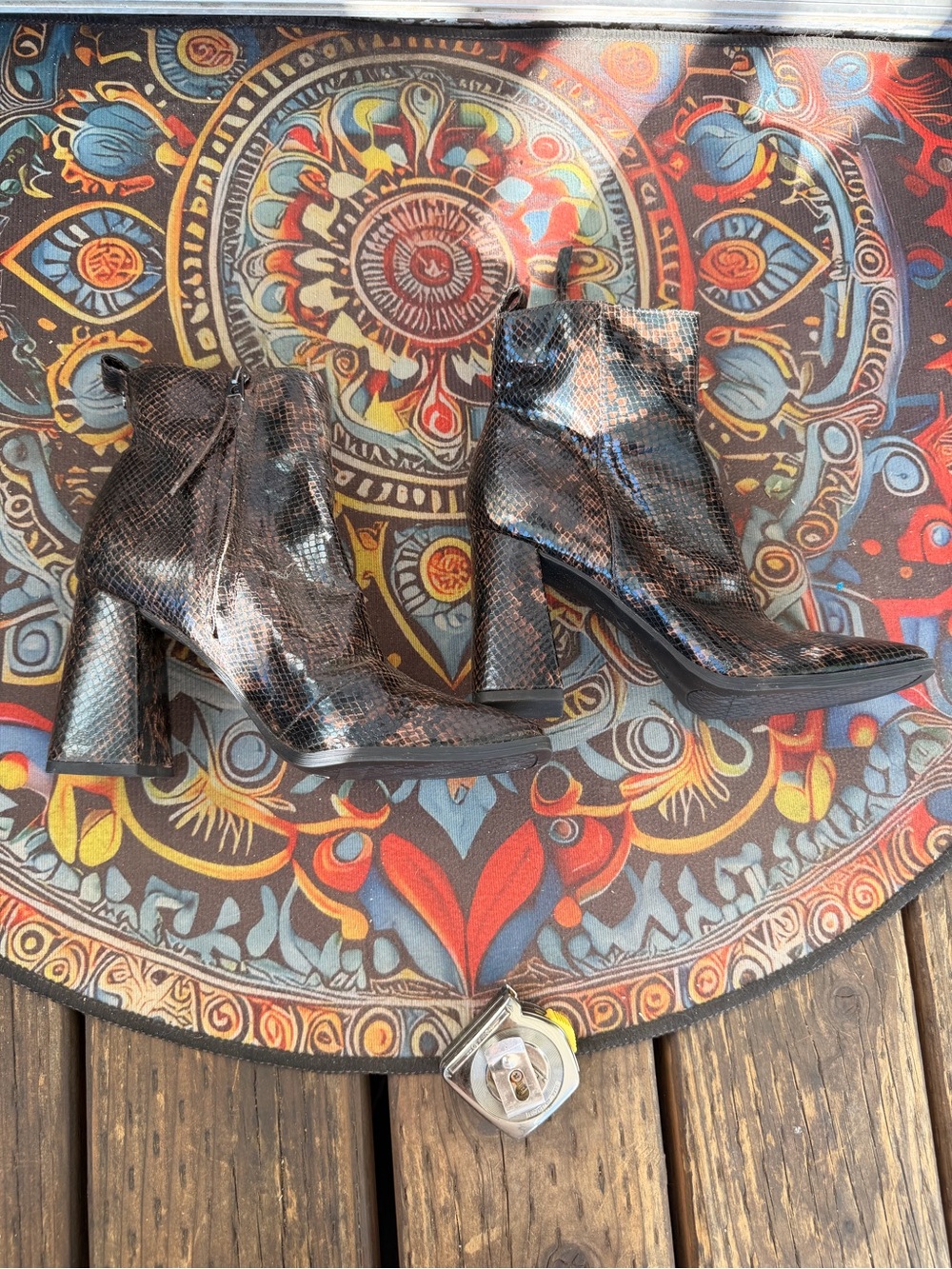 Circus by Sam Edelman Black and Brown Snake-Print Block Heel Ankle Boots
